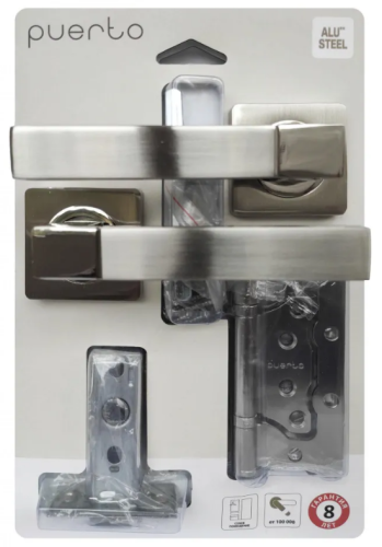 Комплект дверной фурнитуры PUERTO (ручка 521-02, защелка м/к, петли безВР), никель матовый/никель блестящий